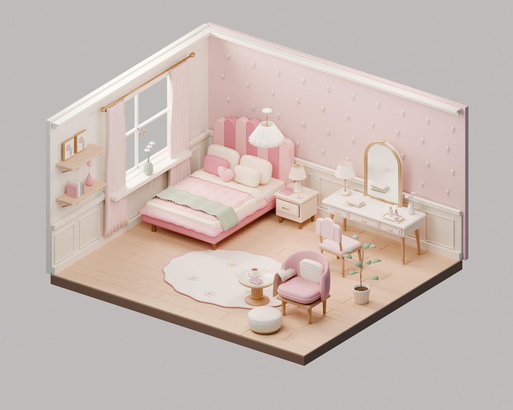 【期間限定価格】女の子 3Dかわいい1人部屋内装blender・FBX