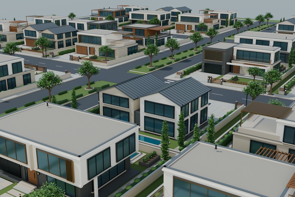 【期間限定価格】36棟の高級住宅街 3D背景セット【FBX / Blender】