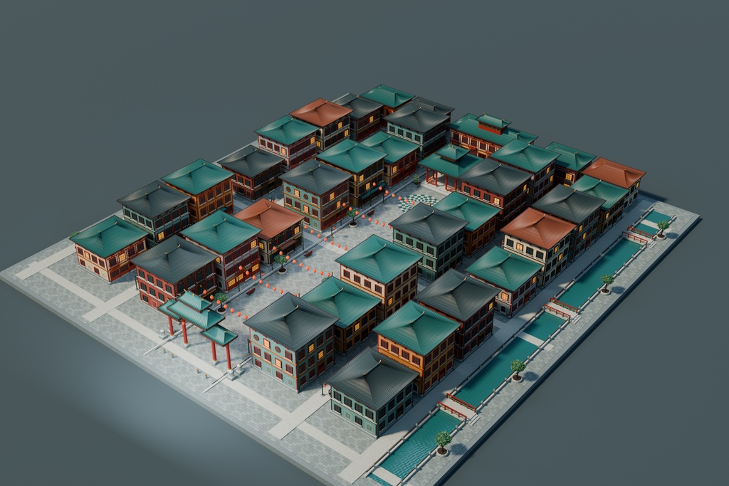 【期間限定価格】3D中華風の街並みblender・FBX