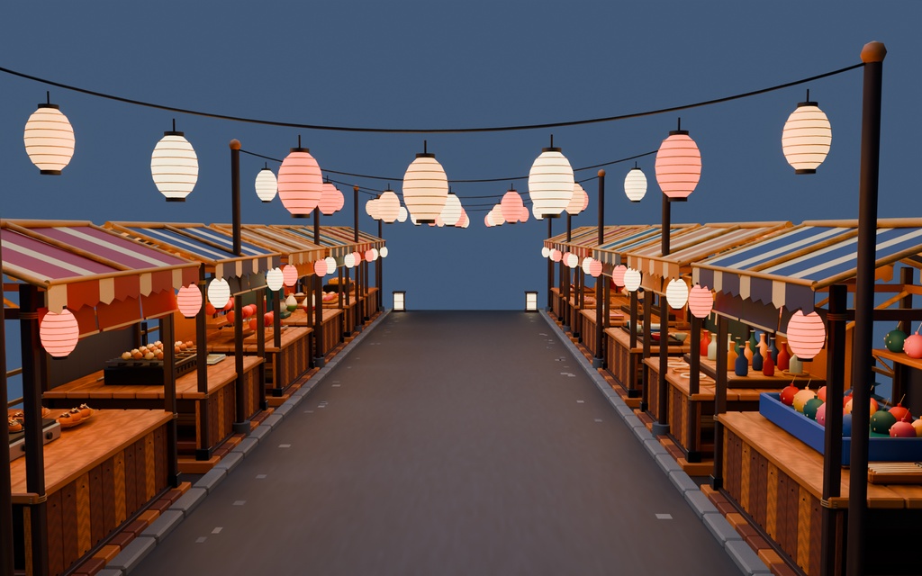 【期間限定価格】3D屋台が並ぶ祭りの背景blender・FBX
