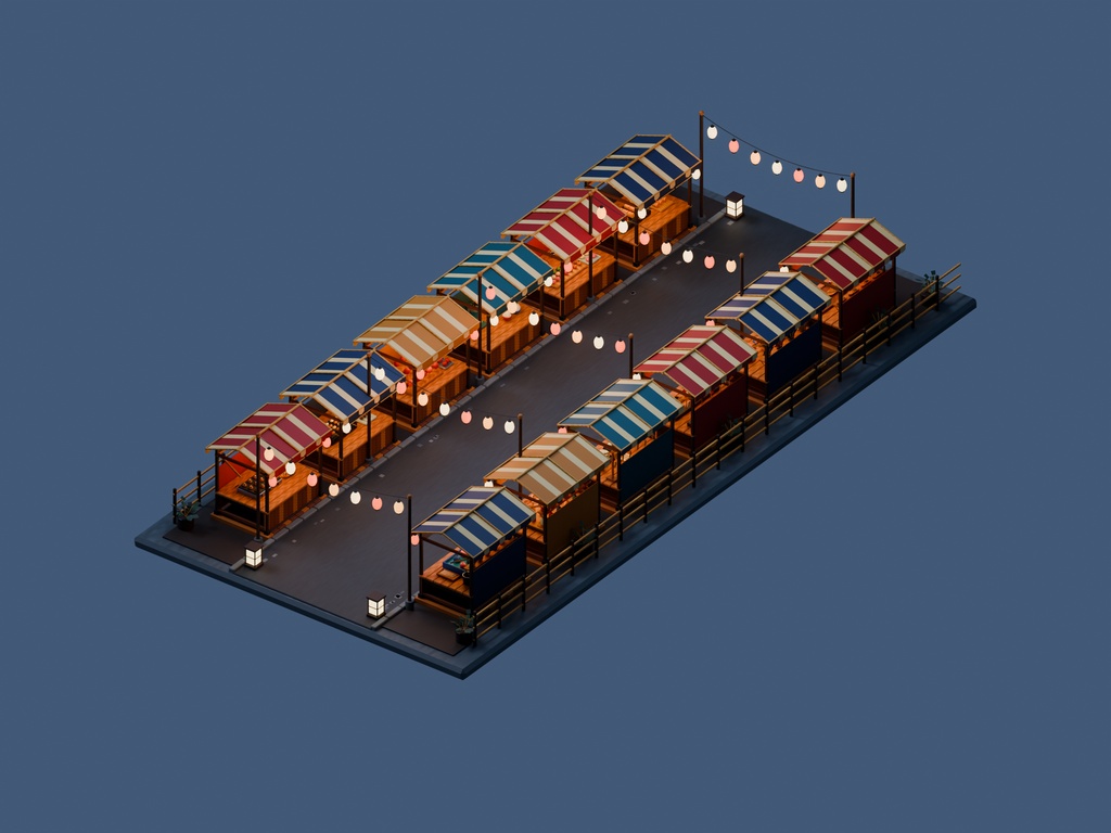 【期間限定価格】3D屋台が並ぶ祭りの背景blender・FBX