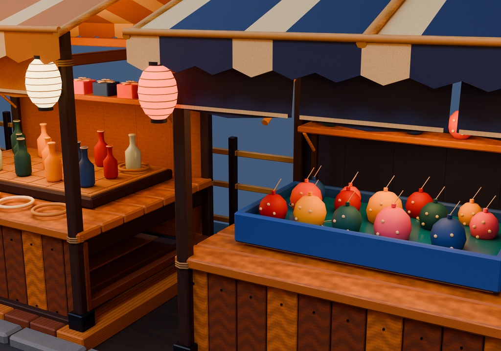 【期間限定価格】3D屋台が並ぶ祭りの背景blender・FBX