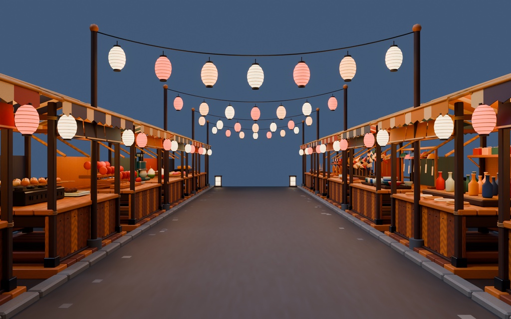 【期間限定価格】3D屋台が並ぶ祭りの背景blender・FBX