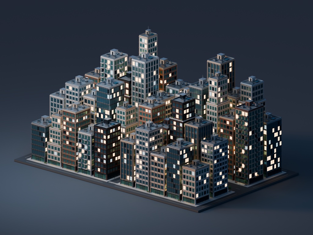【期間限定価格】3D密集 ビル街都市blender40棟 FBX背景素材