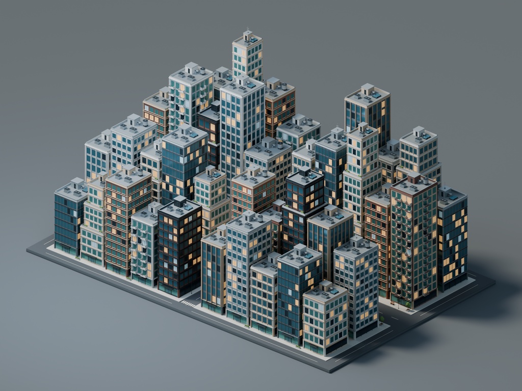 【期間限定価格】3D密集 ビル街都市blender40棟 FBX背景素材