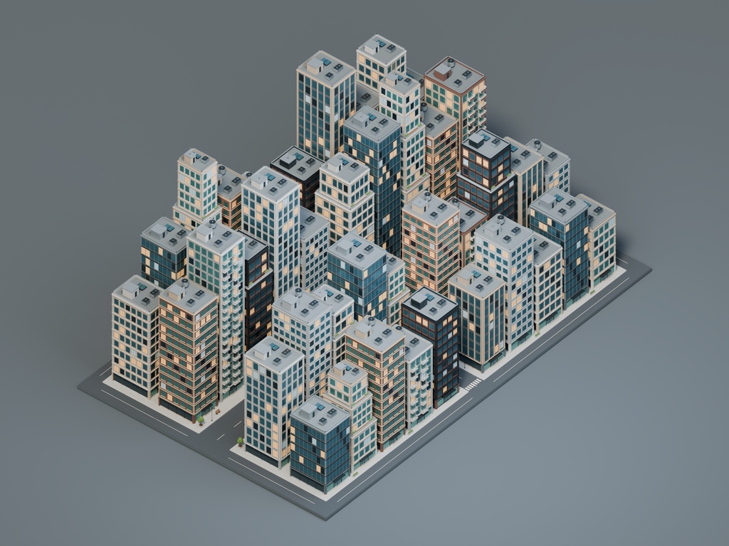 【期間限定価格】3D密集 ビル街都市blender40棟 FBX背景素材