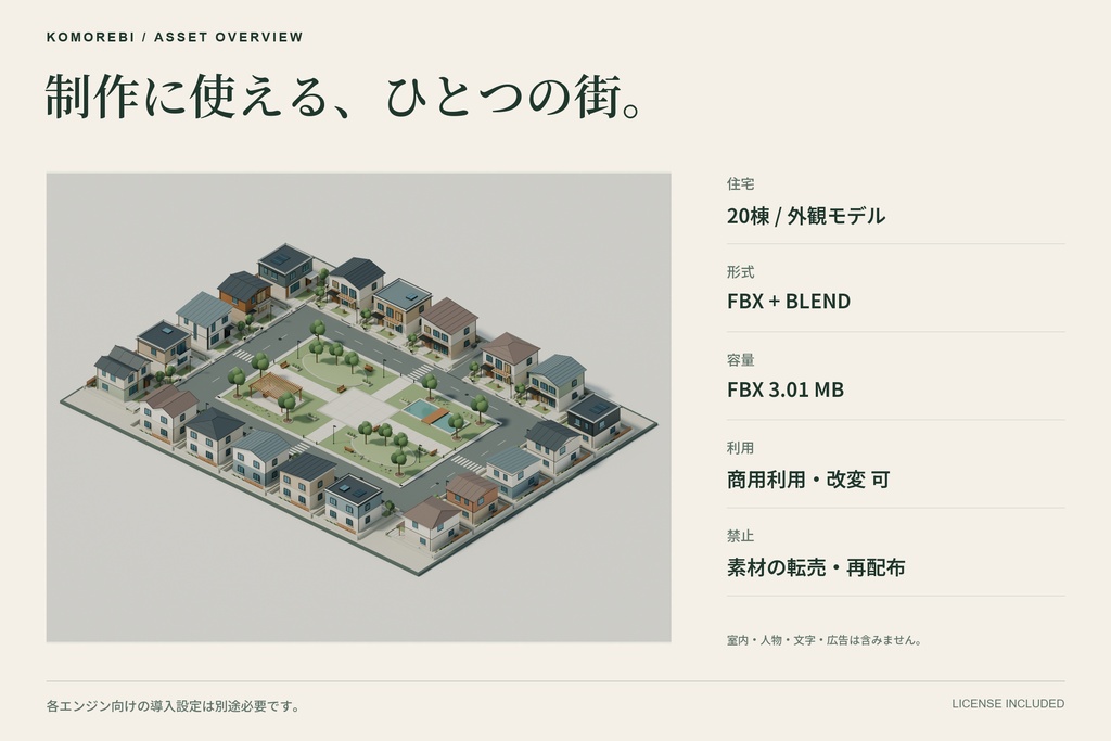 【期間限定価格】3Dこもれび住宅街20棟 blender・FBX背景素材