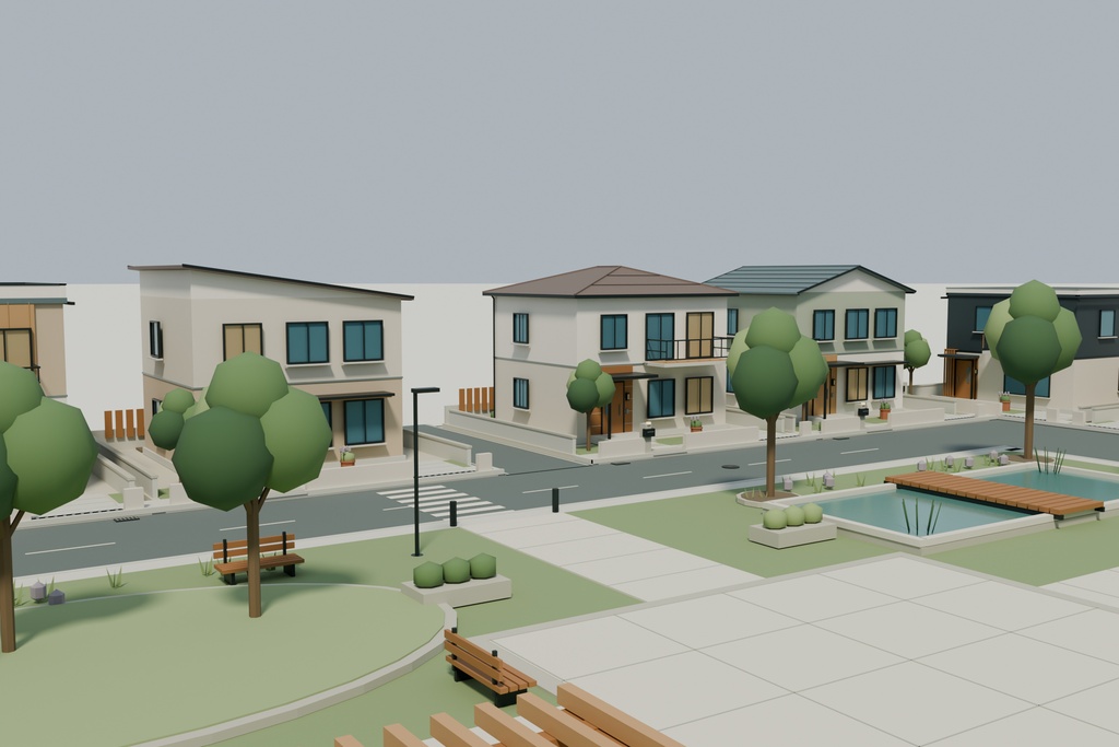 【期間限定価格】3Dこもれび住宅街20棟 blender・FBX背景素材