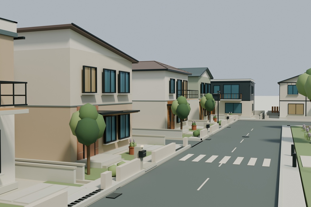 【期間限定価格】3Dこもれび住宅街20棟 blender・FBX背景素材
