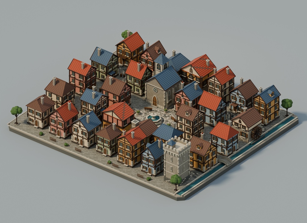 【期間限定価格】3Dヨーロッパの街並み30棟 blender FBX背景素材