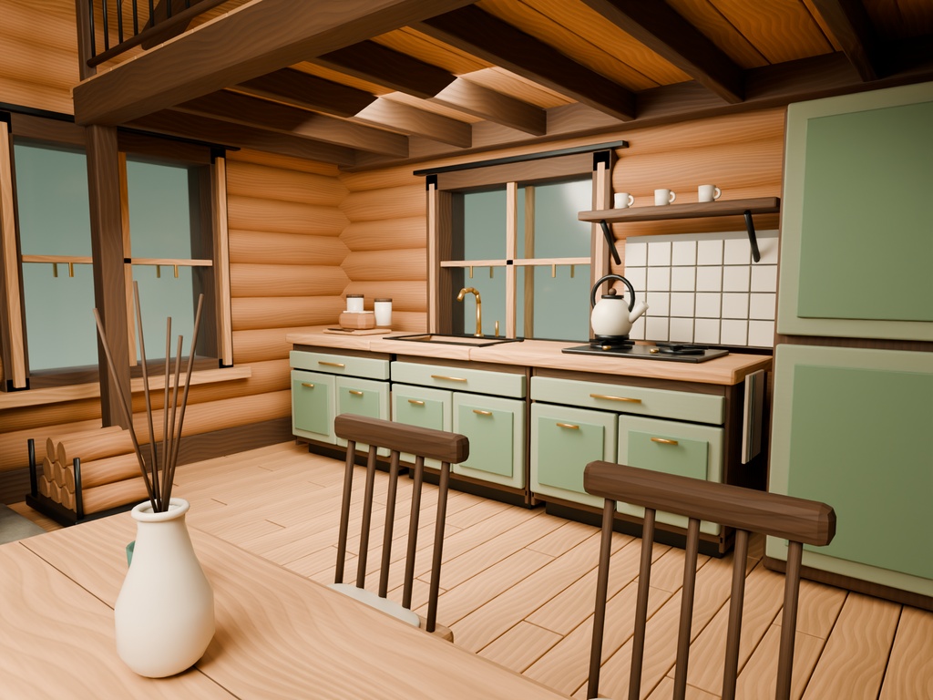 【期間限定価格】3Dログハウス 外装内装込 blenderFBX背景素材