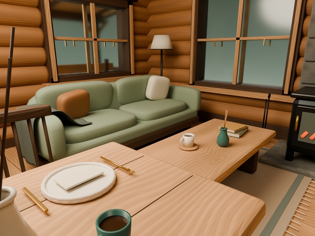 【期間限定価格】3Dログハウス 外装内装込 blenderFBX背景素材