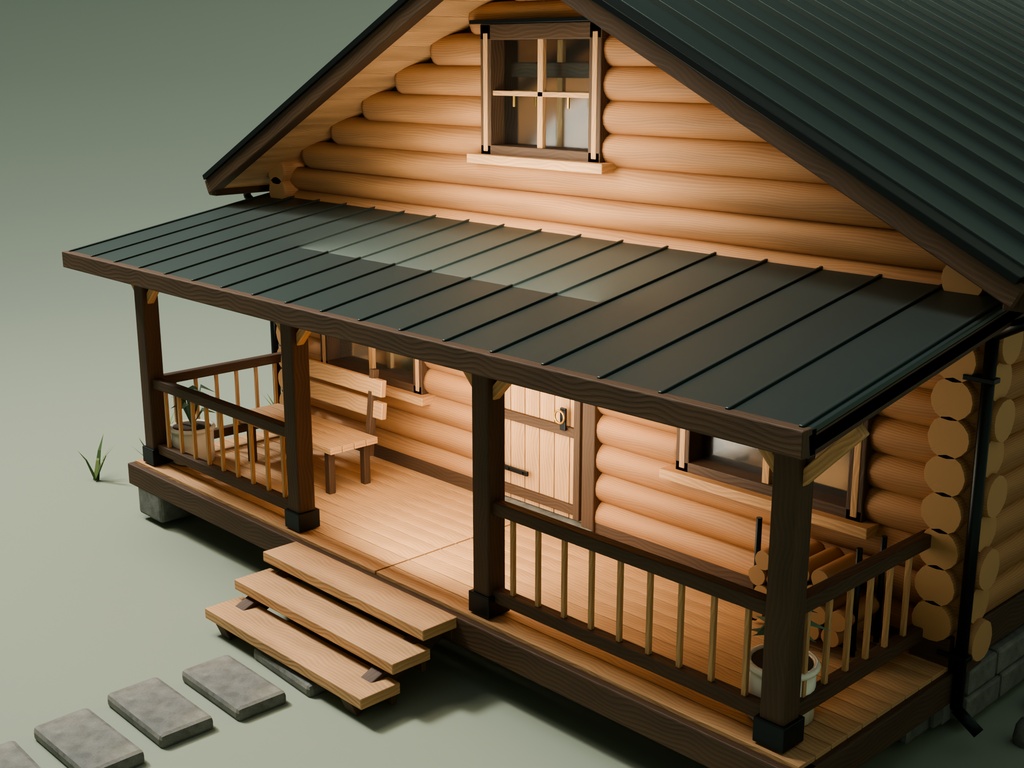 【期間限定価格】3Dログハウス 外装内装込 blenderFBX背景素材