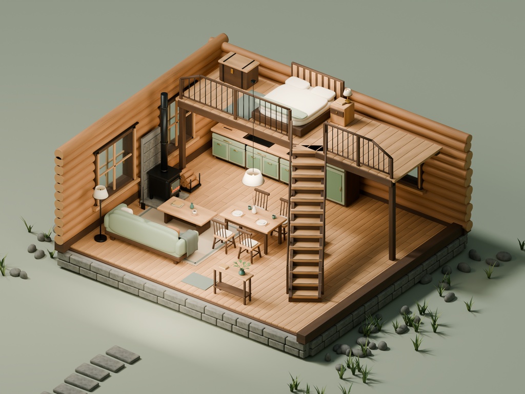 【期間限定価格】3Dログハウス 外装内装込 blenderFBX背景素材