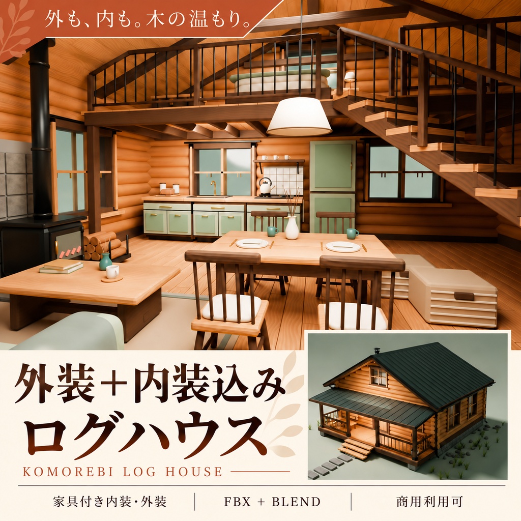 【期間限定価格】3Dログハウス 外装内装込 blenderFBX背景素材