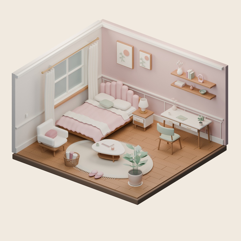 【期間限定価格】3D女の子 かわいい部屋内装 FBX背景素材blender
