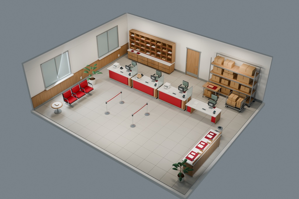 【期間限定価格】3D郵便局 内装 高品質blender FBX背景素材