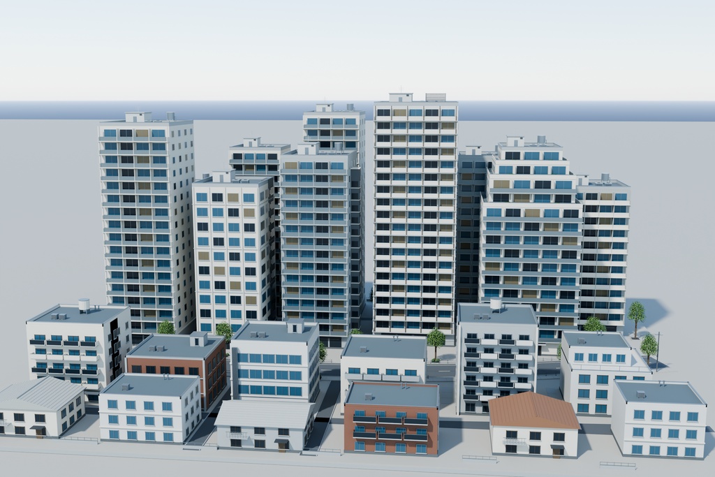 【期間限定価格】3Dマンションが並ぶ住宅街 高品質FBX背景素材 blender