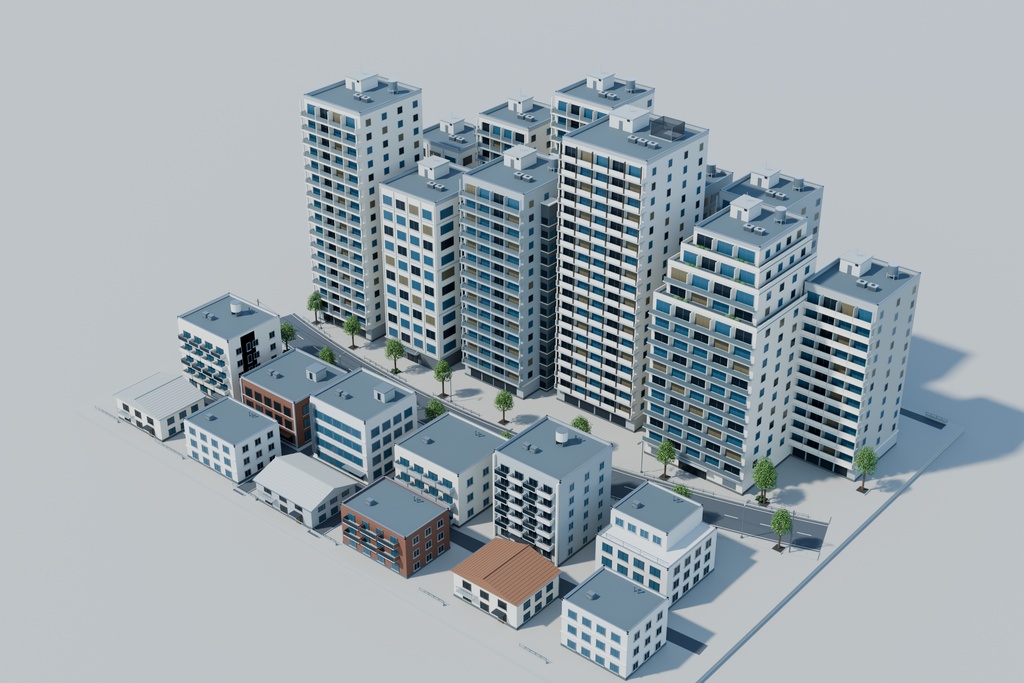 【期間限定価格】3Dマンションが並ぶ住宅街 高品質FBX背景素材 blender