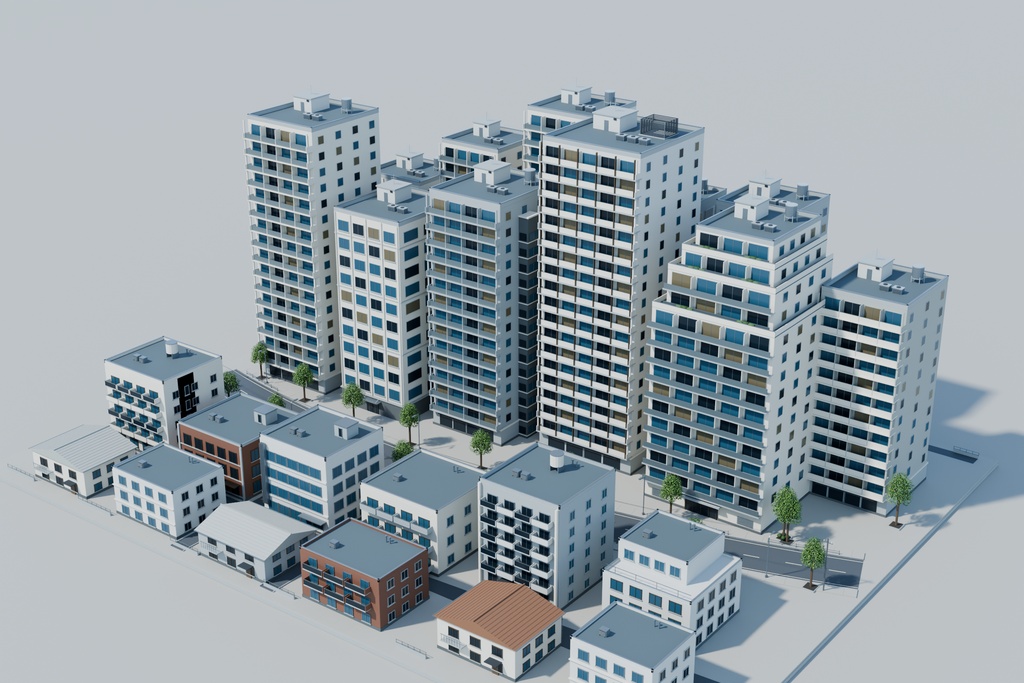 【期間限定価格】3Dマンションが並ぶ住宅街 高品質FBX背景素材 blender