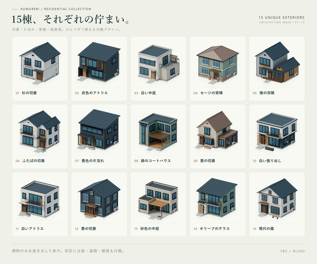 【期間限定価格】3D 15棟の住宅街 高品質FBX背景素材 blender
