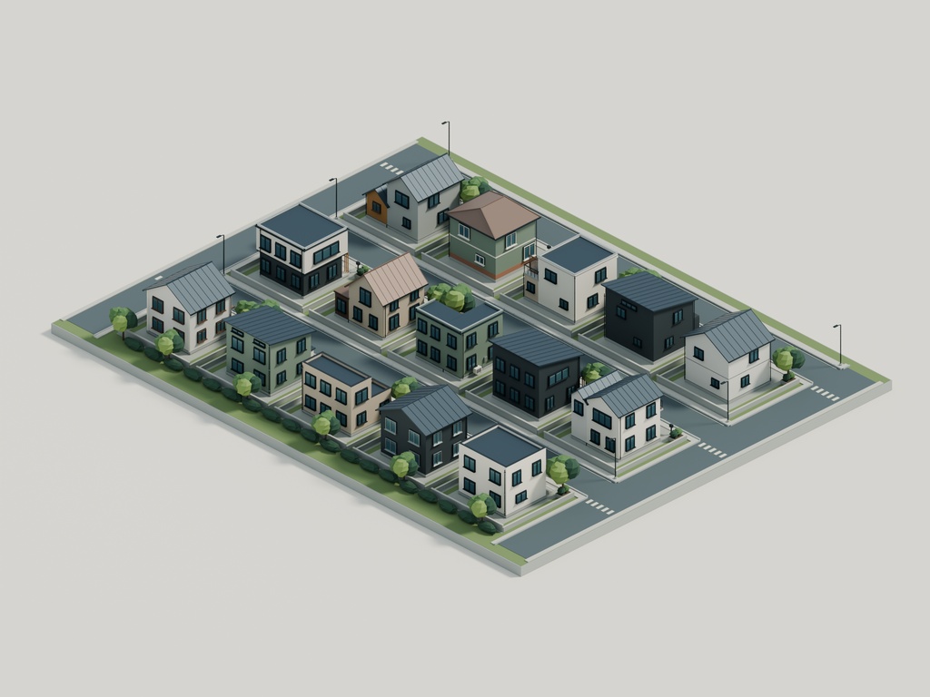 【期間限定価格】3D 15棟の住宅街 高品質FBX背景素材 blender