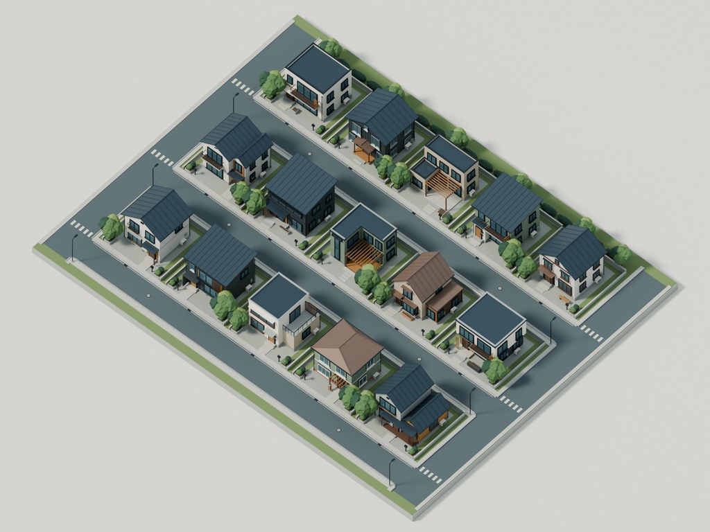 【期間限定価格】3D 15棟の住宅街 高品質FBX背景素材 blender