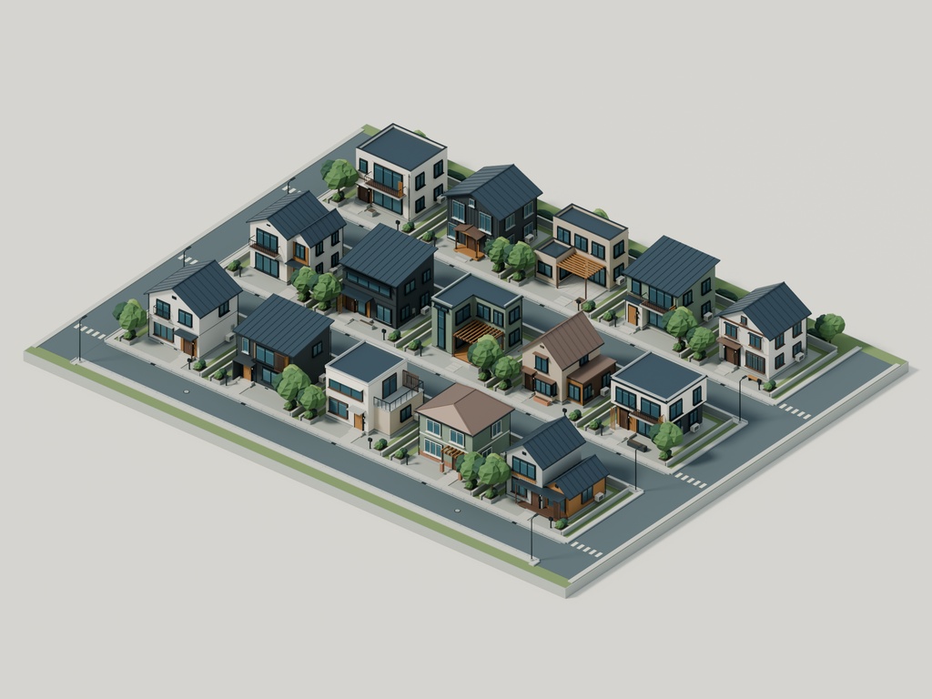 【期間限定価格】3D 15棟の住宅街 高品質FBX背景素材 blender