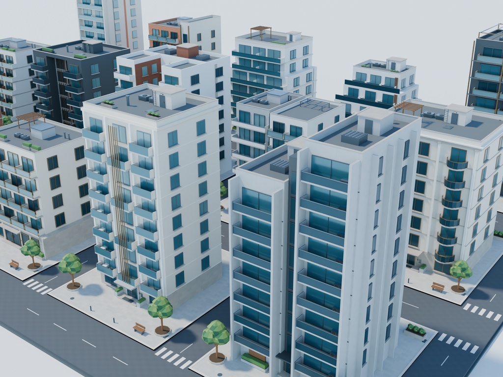 【期間限定価格】3Dマンションの並ぶ住宅街 高品質FBX背景素材