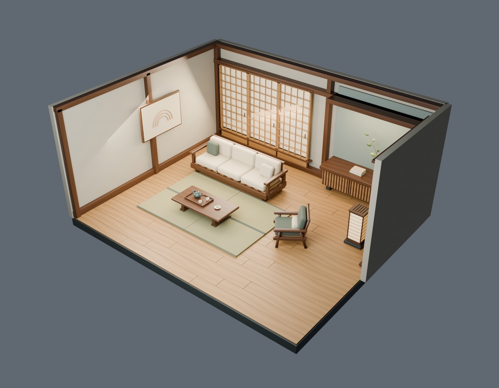 【期間限定価格】3D和風のリビングルーム 高品質blenderFBX背景素材 和室