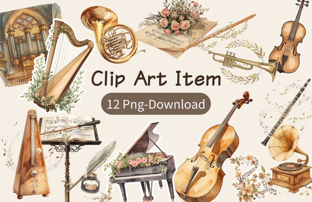 クラシック音楽の水彩クリップアート｜15点セット（PNG形式・背景透過） — アースカラーで描く、静かで上品なアンティーク楽器コレクション —