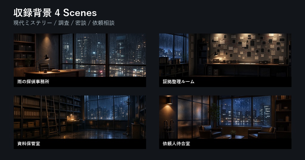 ココフォリア用 雨の探偵事務所背景素材集 Premium 4 Scenes