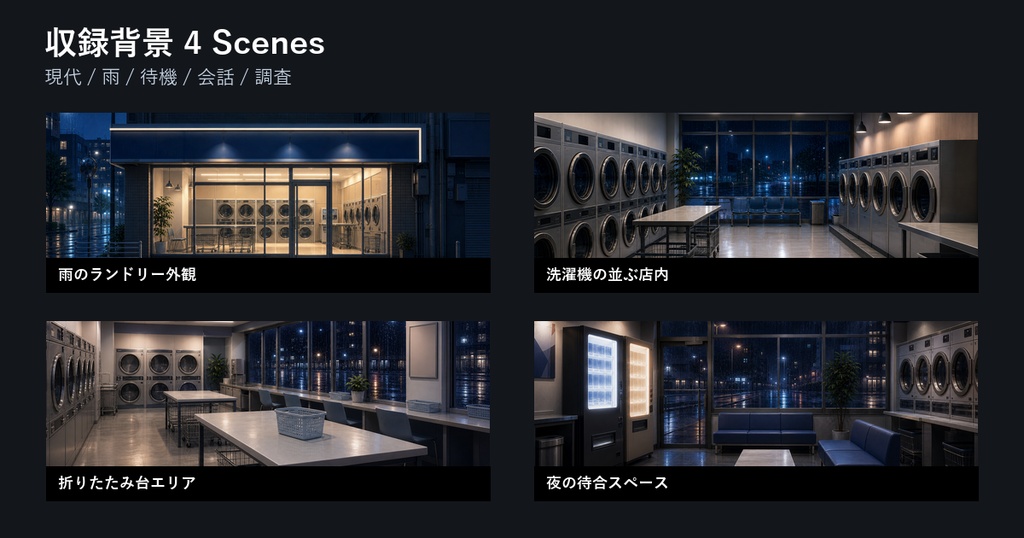ココフォリア用 夜のコインランドリー背景素材集 Premium 4 Scenes