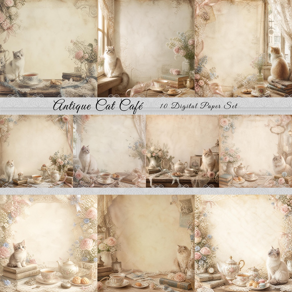Antique Cat Café ｜10 Digital Paper Set