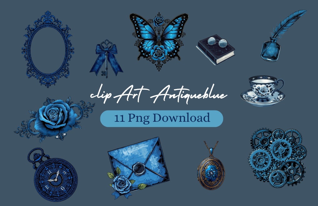 青のアンティーク小物クリップアート【全10種類／PNG】