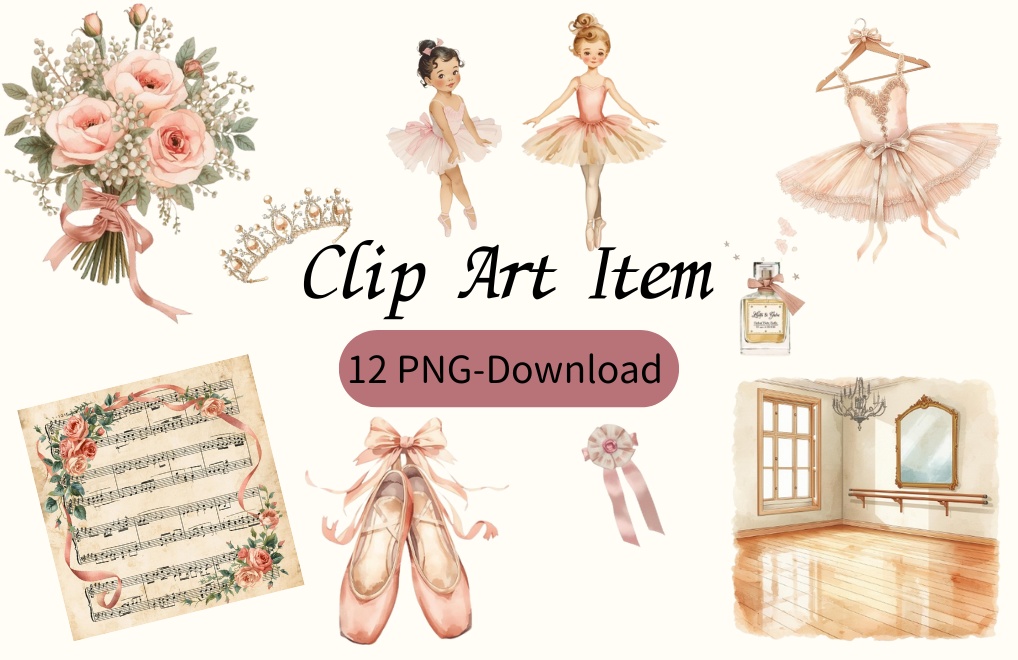 Ballet Series – アンティーク水彩クリップアート PNG12種類セット