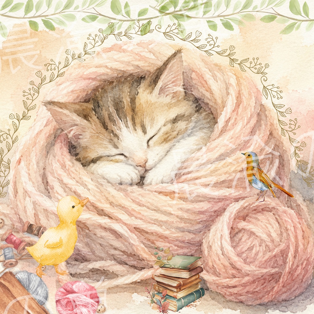 毛糸で眠る猫