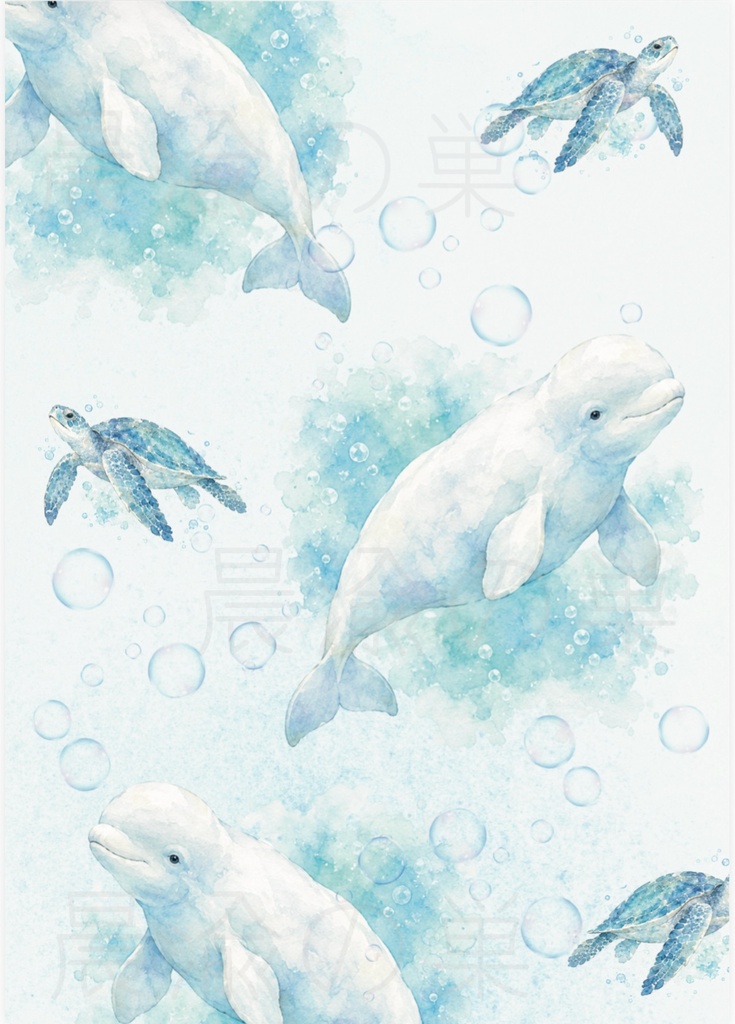 海の哺乳類 水彩画デザインペーパー 4種セット|A4サイズ PDF