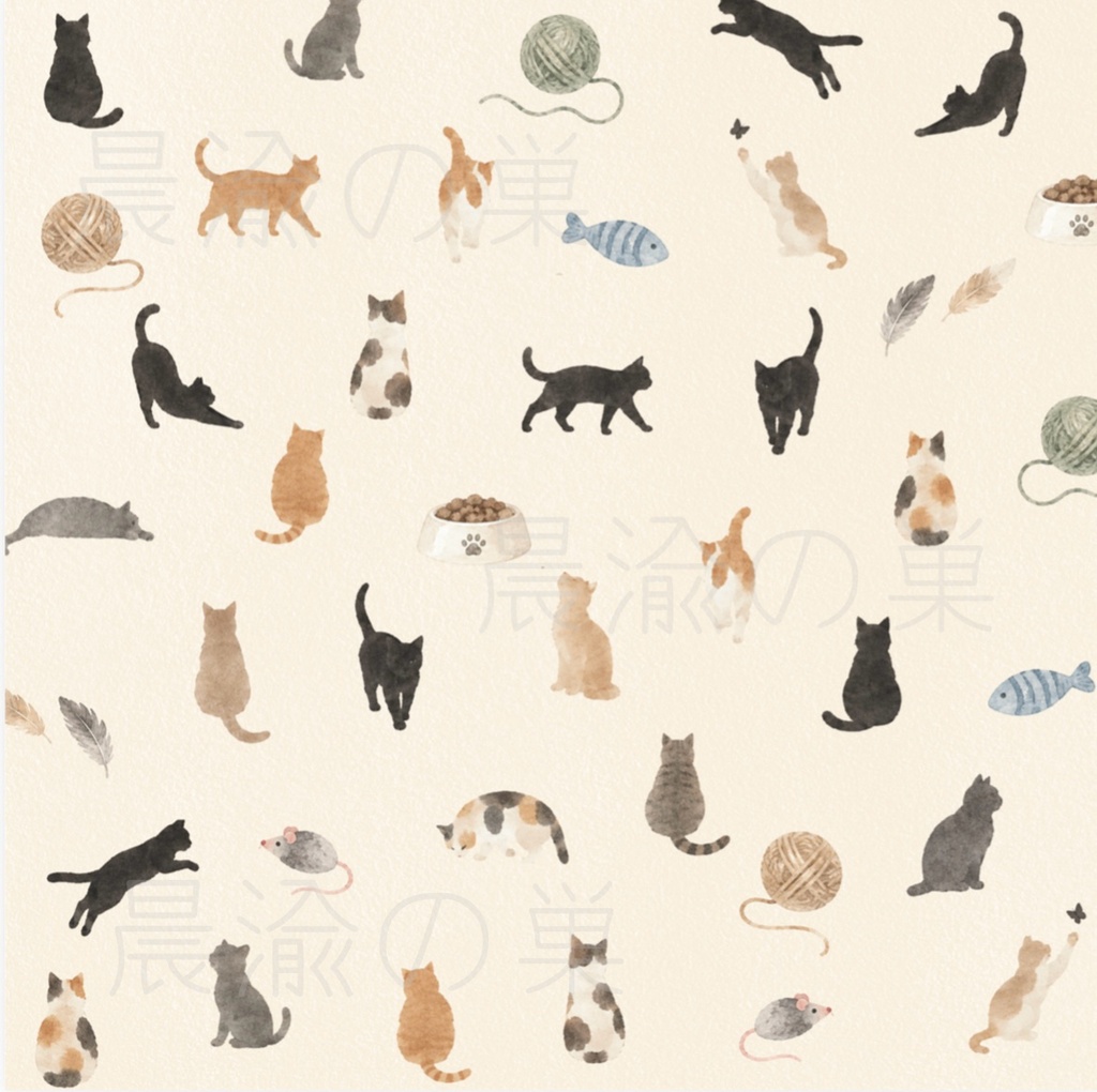 猫のデザインペーパー10色セット|水彩風ねこ柄|くすみカラー・パステルカラー|デジタル素材 PDF