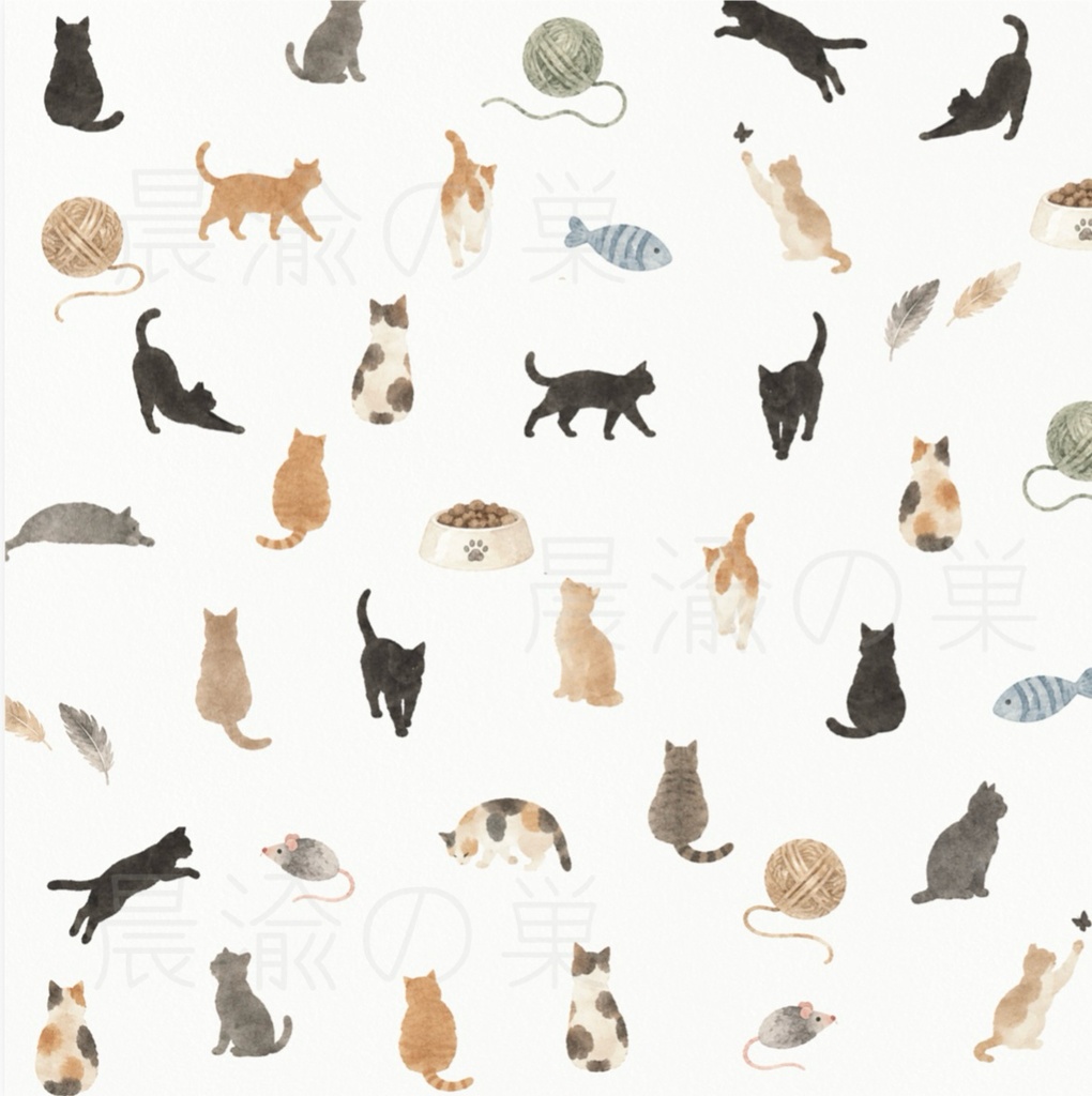 猫のデザインペーパー10色セット|水彩風ねこ柄|くすみカラー・パステルカラー|デジタル素材 PDF