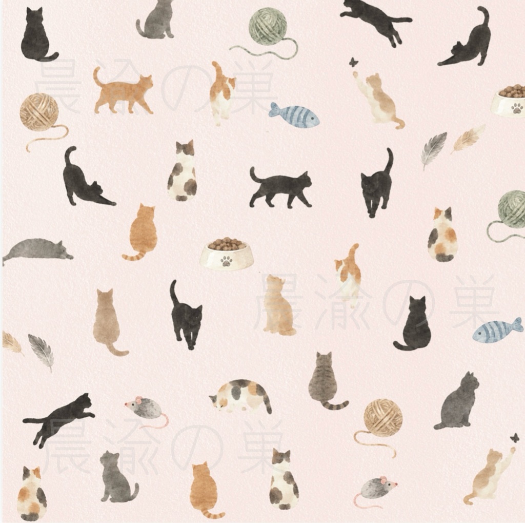 猫のデザインペーパー10色セット|水彩風ねこ柄|くすみカラー・パステルカラー|デジタル素材 PDF