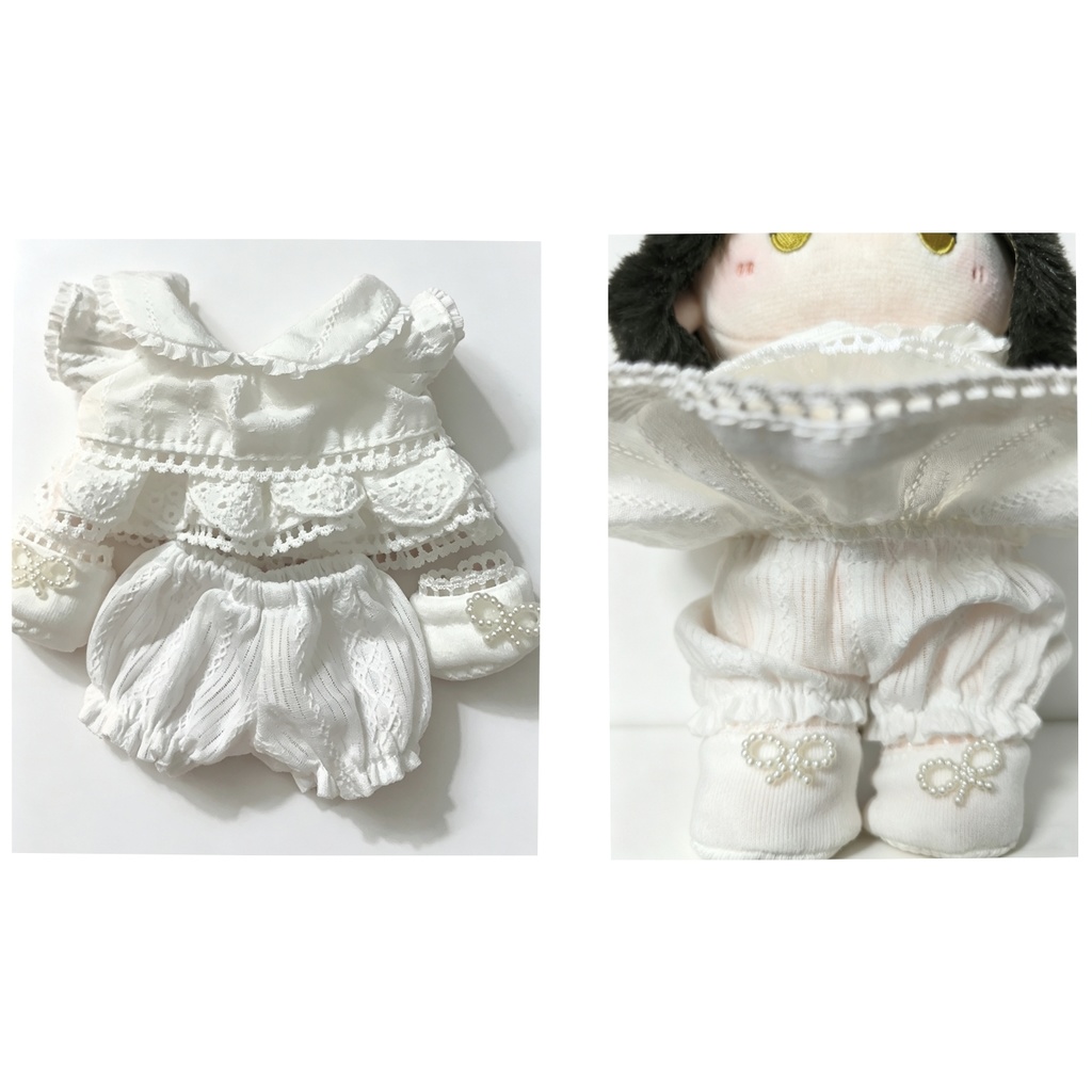 白のワンピース 3点セット(レギンス・靴付き) ぬい服 10/15/20cmぬいぐるみ用
