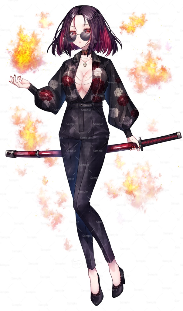 刀を持った柄シャツの女の子