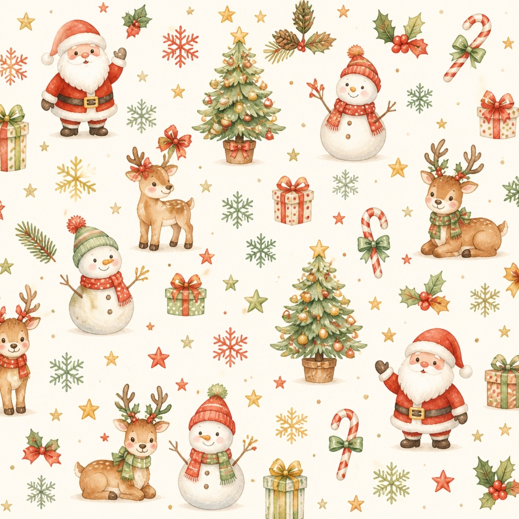 【全14色・商用利用OK】水彩クリスマス デジタルペーパー｜北欧風 サンタ・トナカイ・雪だるま｜コラージュ・背景素材・ラッピング