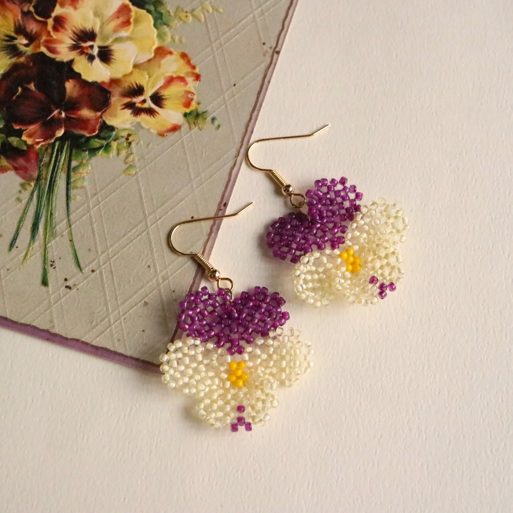 パンジーのイヤリング/ピアス(パープル&クリーム)