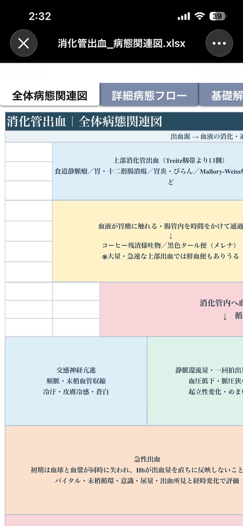 【消化管出血の病態関連図】病態生理・症状・観察・看護がつながる基礎学習シート｜看護学生・新人看護師向け【Excel】