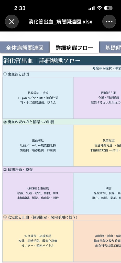 【消化管出血の病態関連図】病態生理・症状・観察・看護がつながる基礎学習シート|看護学生・新人看護師向け【Excel】