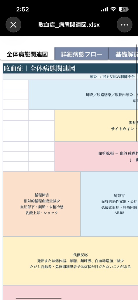 【敗血症の病態関連図】病態生理・臓器障害・観察・看護がつながる基礎学習シート｜看護学生・新人看護師向け【Excel】