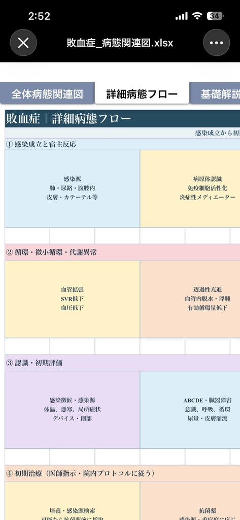 【敗血症の病態関連図】病態生理・臓器障害・観察・看護がつながる基礎学習シート|看護学生・新人看護師向け【Excel】