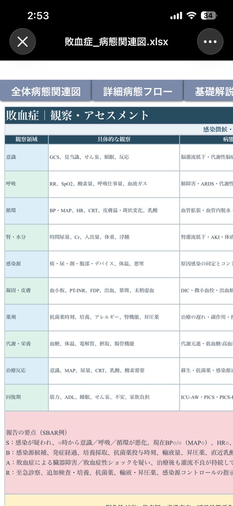 【敗血症の病態関連図】病態生理・臓器障害・観察・看護がつながる基礎学習シート|看護学生・新人看護師向け【Excel】